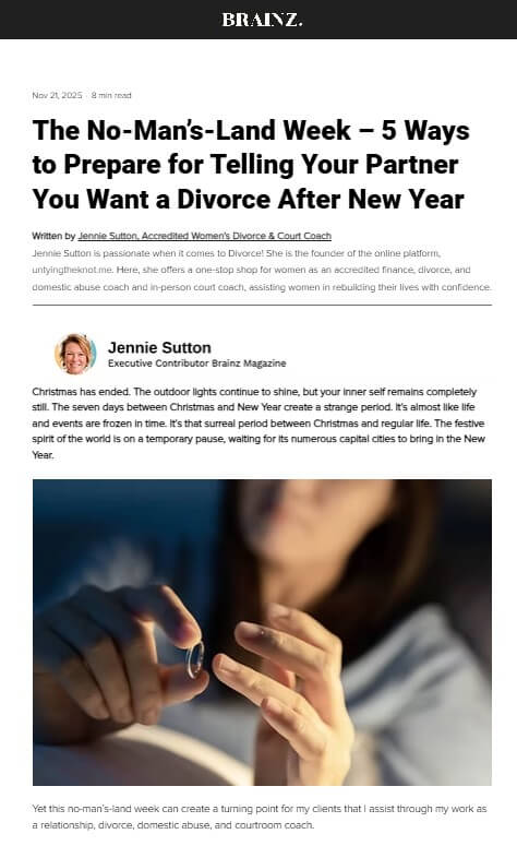 Screenshot of Brainz Magazine article titled “The No-Man’s-Land Week – 5 Ways to Prepare for Telling Your Partner You Want a Divorce After New Year,” written by Jennie Sutton, Accredited Women’s Divorce & Court Coach, published November 21, 2021, with photo of hands removing a wedding ring symbolizing separation.