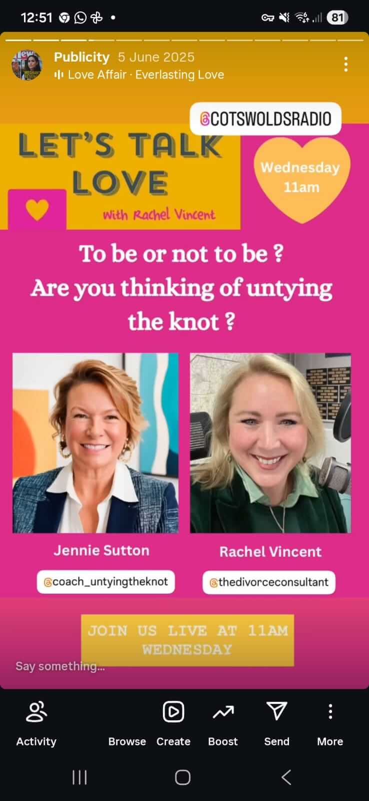 Promotional poster for Cotswolds Radio show “Let’s Talk Love with Rachel Vincent,” featuring Jennie Sutton (@coach_untyingtheknot) and Rachel Vincent (@thedivorceconsultant), with tagline “To be or not to be? Are you thinking of untying the knot?” and event time Wednesday 11 a.m.