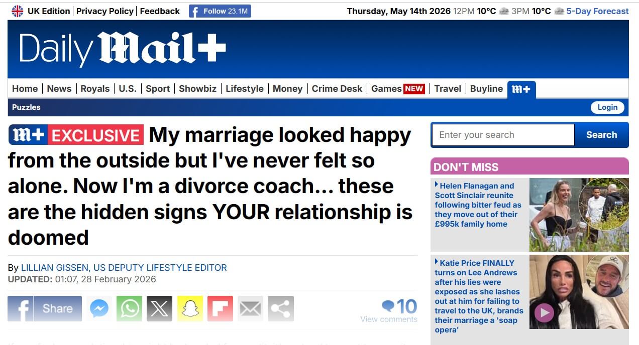 Screenshot of Daily Mail+ exclusive Lifestyle article with headline about hidden signs a relationship is doomed, written by Lillian Gissen, showing navigation bar, weather details, and sidebar celebrity news stories.