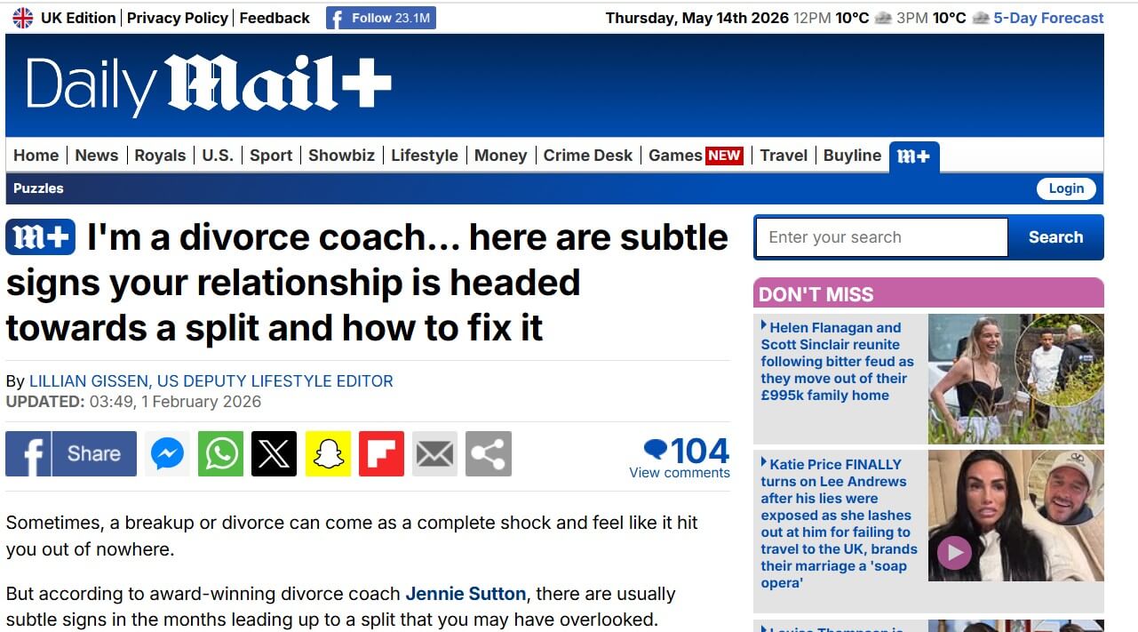 Screenshot of Daily Mail+ Lifestyle article with headline about subtle signs a relationship is headed toward a split and how to fix it, written by Lillian Gissen, showing navigation bar, social sharing icons, and sidebar celebrity news stories.
