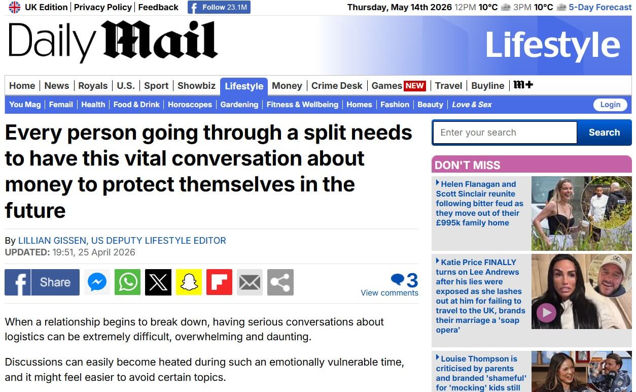 Screenshot of Daily Mail Lifestyle article with headline about vital money conversations during relationship breakdown, written by Lillian Gissen, showing navigation tabs and sidebar stories.
