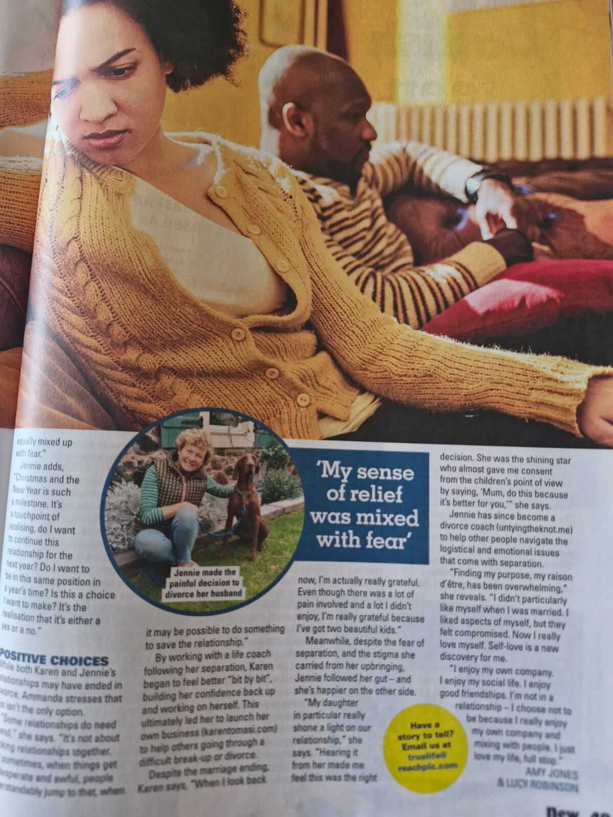 Magazine page featuring headline “‘My sense of relief was mixed with fear’” with photos of individuals including Jennie Sutton, captioned about her divorce decision, and text discussing personal experiences, emotional recovery, and becoming a divorce coach.