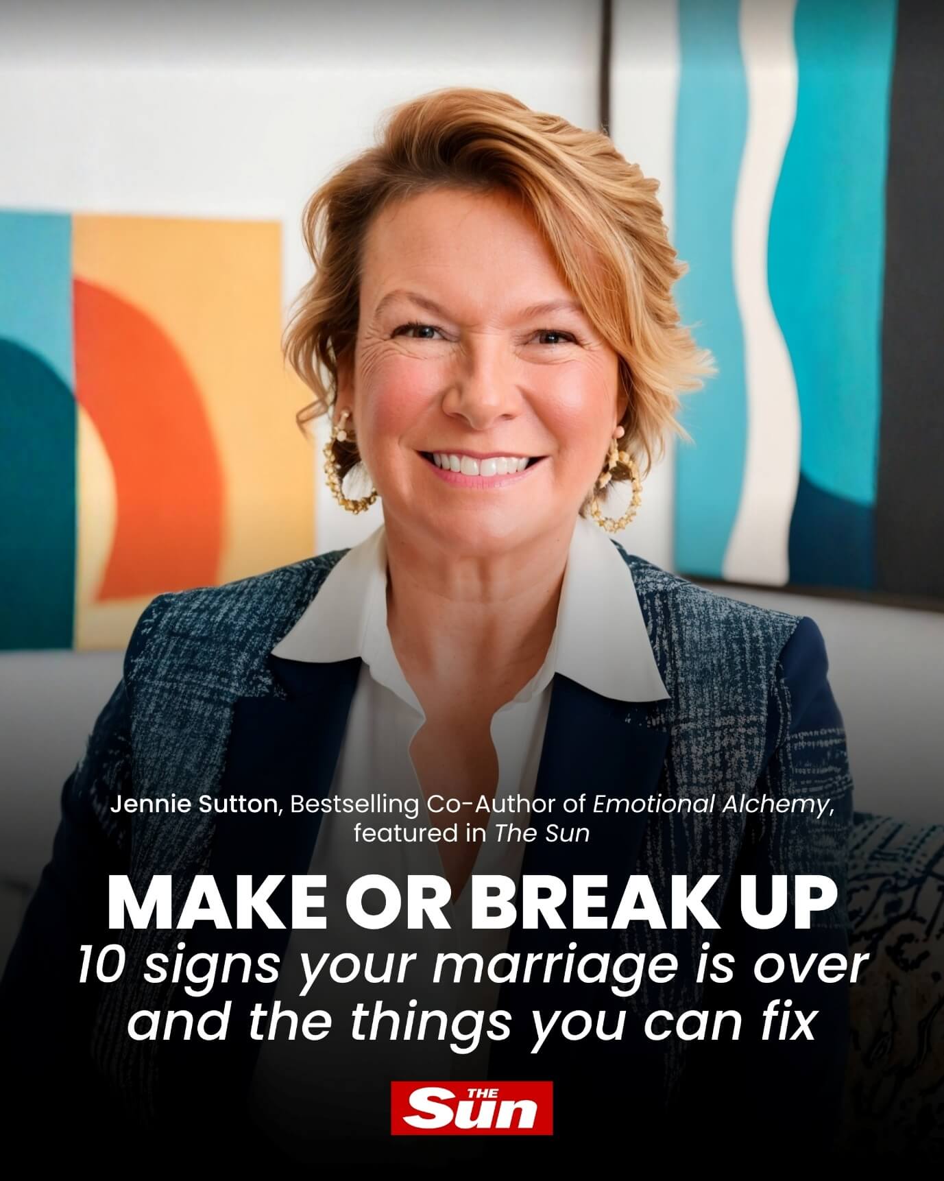 Promotional image of Jennie Sutton in professional attire with abstract background, text highlighting her feature in The Sun as bestselling co‑author of Emotional Alchemy with headline about marriage advice.
