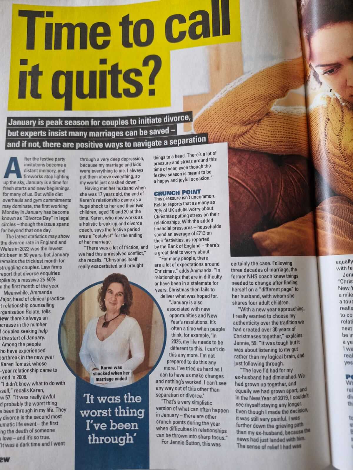 Magazine article titled “Time to call it quits?” discussing January as peak season for divorce, with expert insights, statistics, and personal stories, featuring photo of person in yellow sweater on couch and smaller image of Karen with caption about her marriage ending.