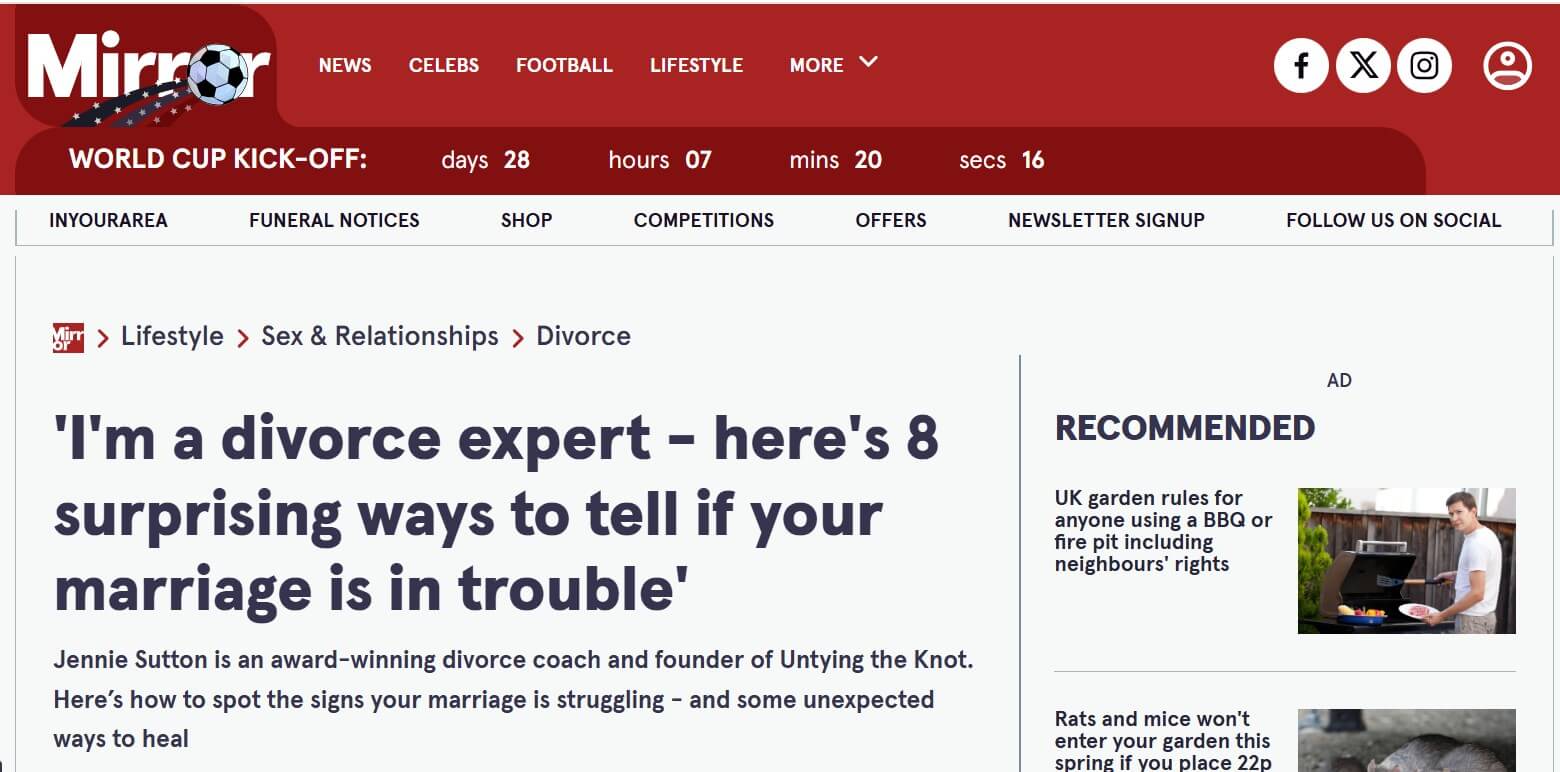 Screenshot of Mirror Lifestyle article under Divorce section with headline about 8 surprising ways to tell if a marriage is in trouble, featuring Jennie Sutton, award‑winning divorce coach and founder of Untying the Knot, alongside recommended sidebar content.