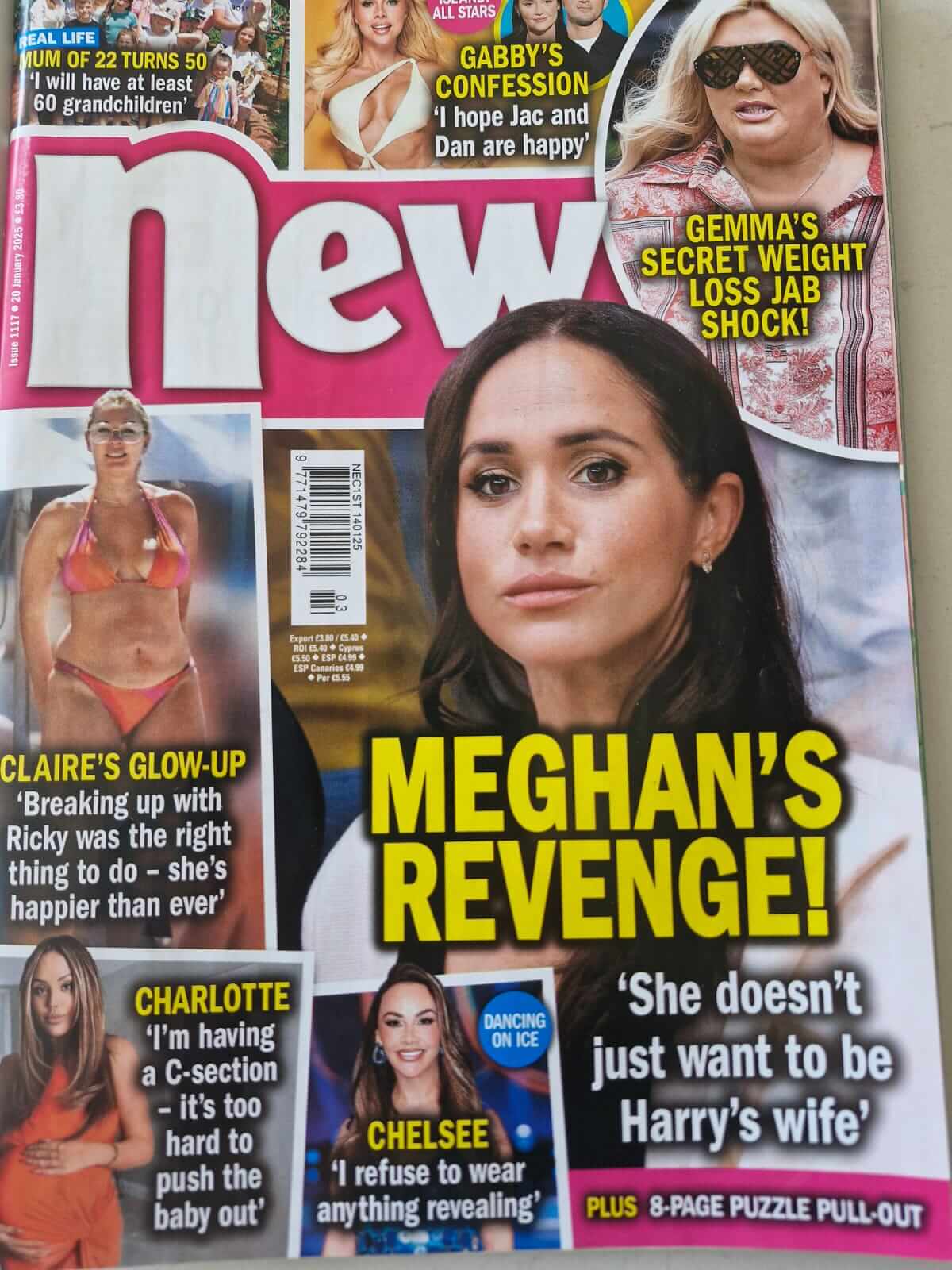 Front cover of New magazine featuring Meghan Markle with headline “Meghan’s Revenge!” and multiple celebrity stories including Gemma’s weight loss jab, Claire’s glow‑up, Charlotte’s C‑section, Chelsee’s fashion stance, and puzzle pull‑out.