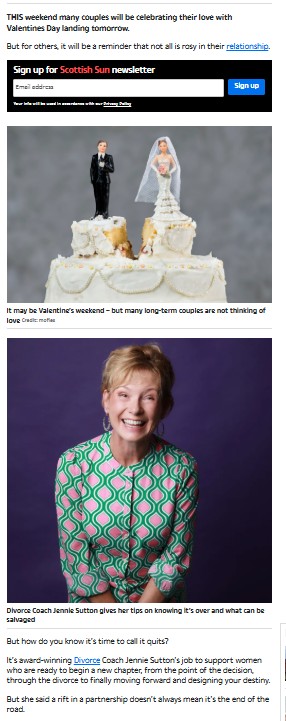 Screenshot of Scottish Sun article about Valentine’s Day and relationship struggles, featuring broken wedding cake topper symbolizing separation and photo of divorce coach Jennie Sutton offering advice on knowing when a relationship is over.